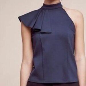 Anthropologie Navy One-Shoulder Ruffle Halter Top